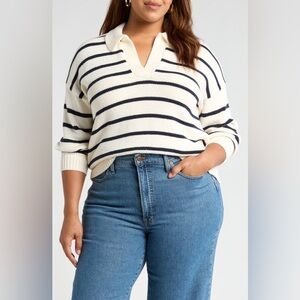 NWOT Madewell Dedham Polo Sweater in Stripe - Plus 2X - Navy and Ivory Stripe